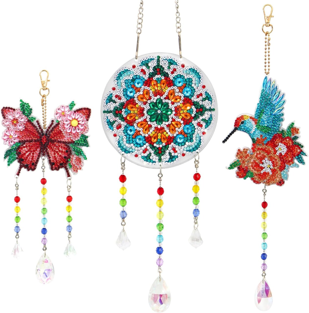 3 Pcs Diamond Art Kits, Arts & Crafts, Double-Sided Gem Art Set Diamond Painting Suncatcher Craft Kit Crystal Window Garden Decor Set (Orange-red Hummingbird Butterfly Mandala)